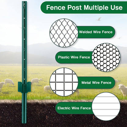 Gtongoko 10 Pack 6FT Heavy Duty Metal Fence Posts, Green U Channel No Dig Fence Stakes with Anchor Plate, 14 Gauge Steel Posts for Wire Fencing, Garden Protection, Animal Barrier, Yard & Farm Boundary