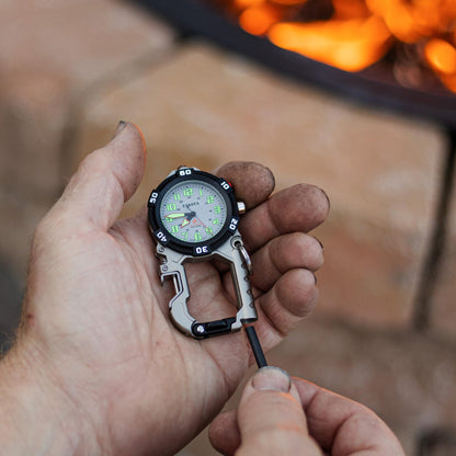 Dakota Flint Clip-On Survival Watch – Outdoor Tool with Flint Fire Starter, LED Flashlight & Bottle Opener – Silver