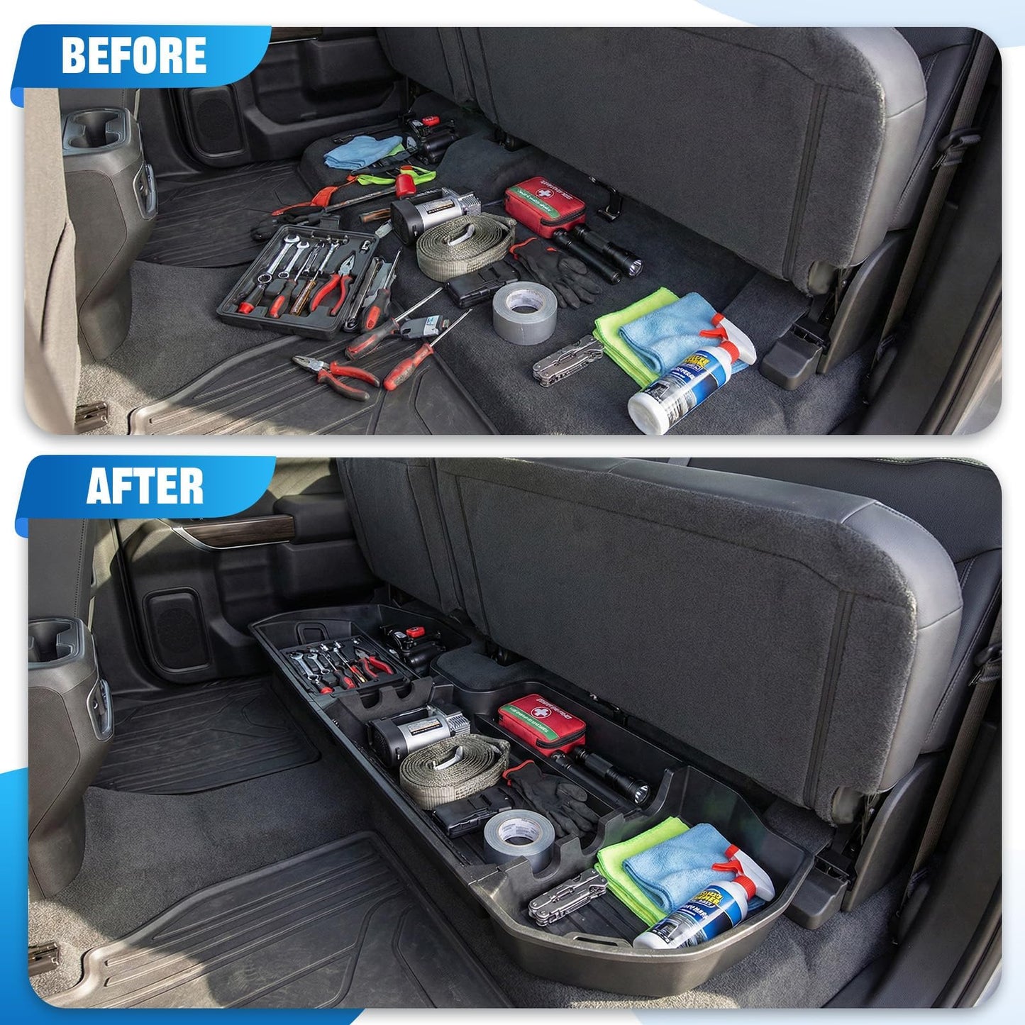 Flyvaroo Underseat Storage for 2019-2026 Chevy Silverado 1500 Crew Cab, Divider Under Seat Storage Box for 2020-2026 Silverado/Sierra 2500HD 3500HD Double Cab & Crew Cab with Mesh Pocket & Inner Bin