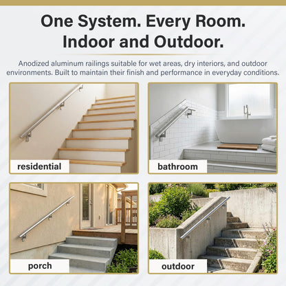 Promenaid - 3ft Flush Handrail Kit Sliver Finish Complete Indoor/Outdoor Handrail for Stairs with ADA Wall Return Kit Flush Endcap Replacement