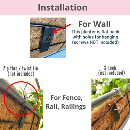 LaLaGreen Wall Mounted Planters - 16 Inch, 4 Pack Window Flower Boxes Basket Outdoor, Balcony Planter Over the Rail, Deck Railing Hanging with Coco Liners, Metal Horse Troughs Fence Patio Porch