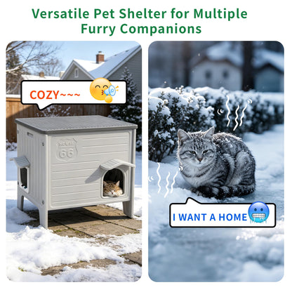 Rockever Outdoor Cat House for Summer, Elevated Waterproof Pet Shelter with Breathable Insulated Liner, Comfortable Outdoor Cat Home with Escape Door, All-Season Shelter for Cats (M,Grey&Heating Pad)