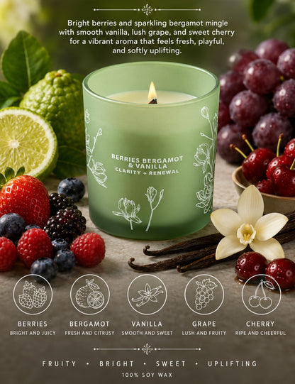 Berries Bergamot Vanilla Candle | 10.6oz Wood Wick Soy Scented Candle for Home | Aromatherapy Stress Relief Candle | Clean Burning, Long Lasting Candles | Self Care Gift for Women & Men