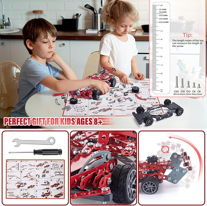 Building Kit Red Model Car Set - 287 PCS STEM Project Building Toys for Kids Ages 8-12 Assembly Building Vehicle for Boys 8 9 10 11 12-16 Years Old and Up Boys Girls Adults