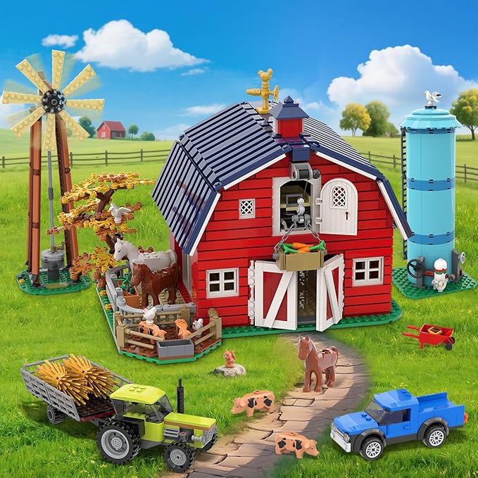Western Farm Barn House Easter Building Set with Lights Newly Enhanced with Reinforced Structure 1434PCS Red Barn Building Toy with Animals Horse Tractor Windmill for Adults Boys Girls 10+