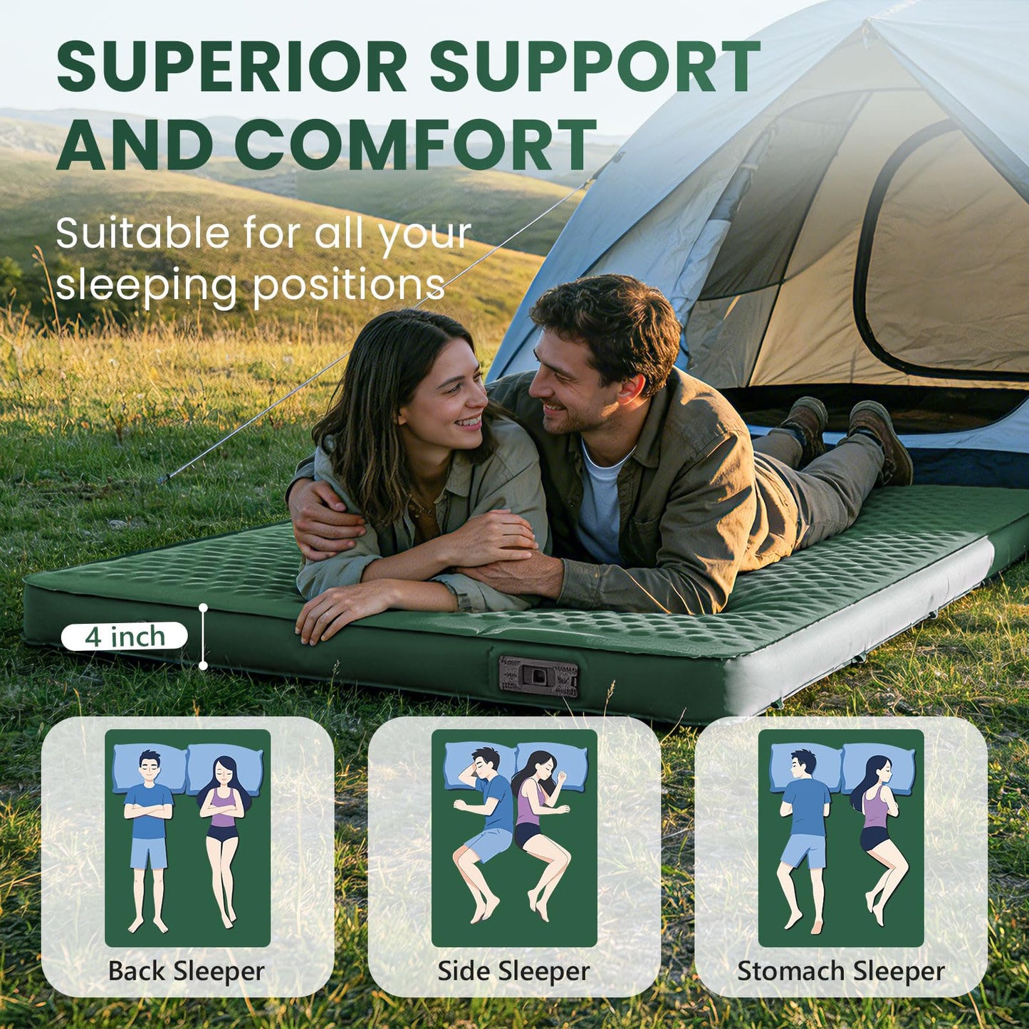 Self Inflating Double Sleeping Pad for Camping with Electric Pump 4 Inch Ultra Thick Memory Foam 2 Person Inflatable Sleeping Pad All Season Full Size Portable Camping Mattress for Travel,Tent (Green)