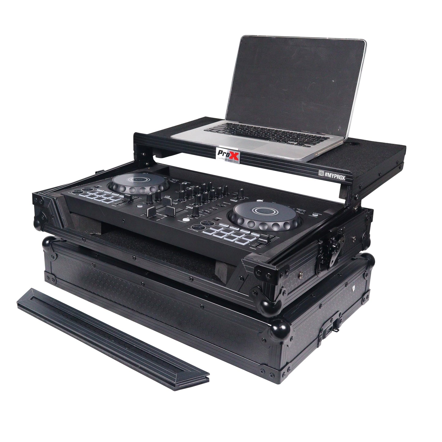 ProX X-DDJFLX4LTBL ATA DJ Controller Flight Case with Laptop Shelf, Fits DDJ-FLX4 DDJ-SB3 DDJ-400, Black Honeycomb Finish, Heavy Duty Road Case with Cable Space