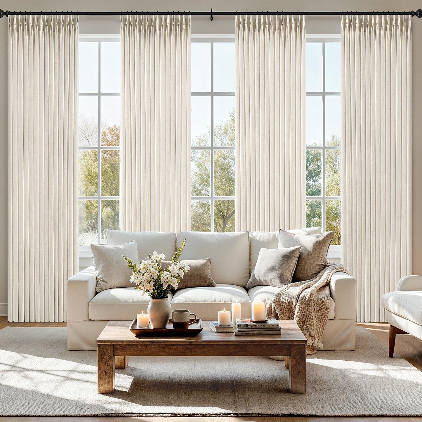 MIULEE Pinch Pleated Linen Curtains - 90-Inch Ivory Cream Semi-Sheer Drapes | 4 Panels for Light Filtering Privacy