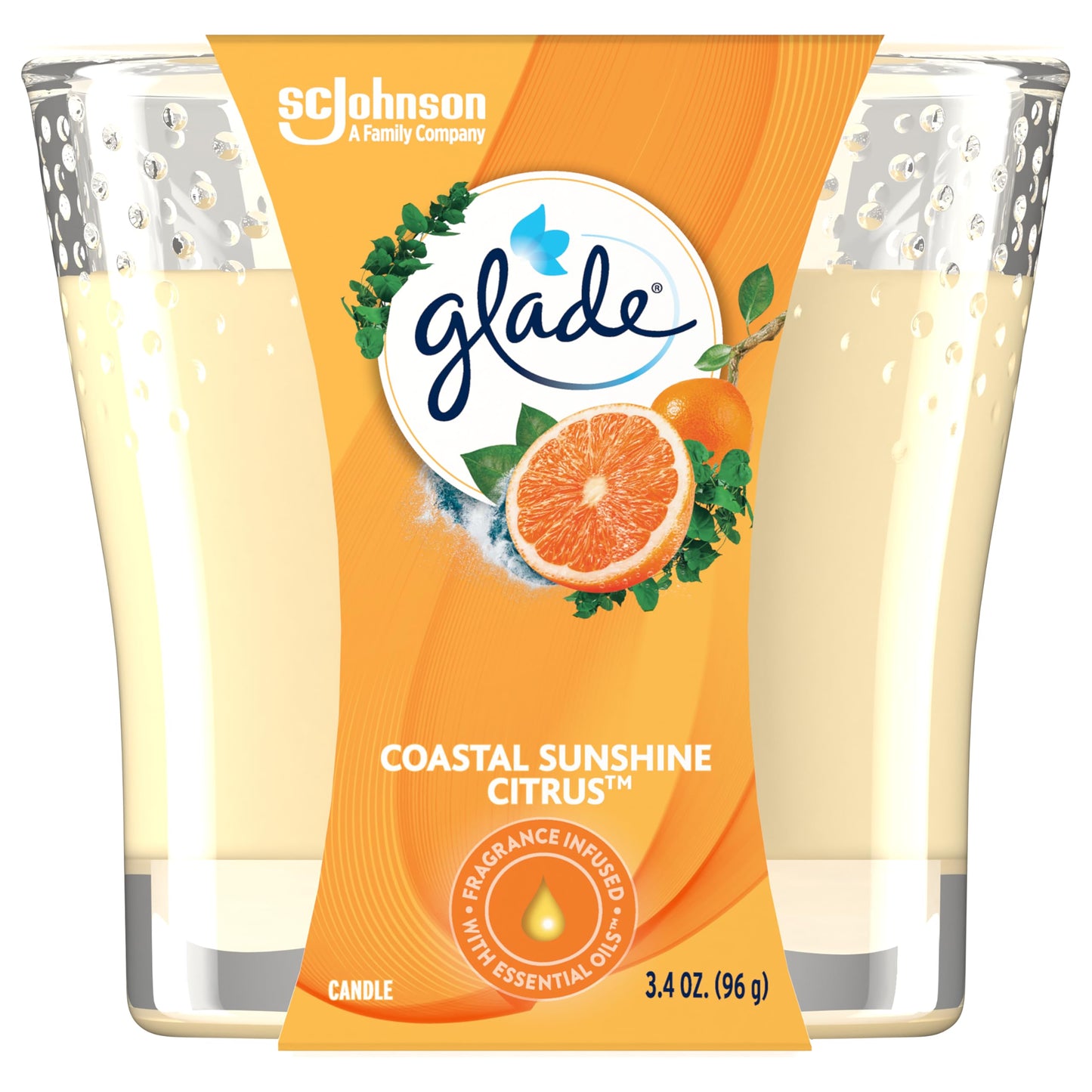 Glade Scented 1-Wick Candle Jar, Coastal Sunshine Citrus, Air Freshener Infused with Essential Oils, 3.4 Oz