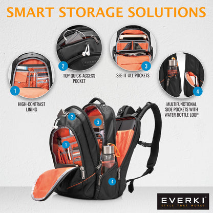 EVERKI Flight Business Laptop Backpack (EKP119) with Orange Accessory Pouch & Rain Cover - Men's Backpack with 16" Compartment, 28.5L Capacity - Flight Business Backpack, Pouch & Cover Bundle