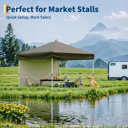 GarveeLife 10x10 Pop Up Canopy with One Button Push Setup - Heavy Duty Outdoor Canopy Tent with Portable Roller Bag - 3 Adjustable Height, 4 Weight Bags, 8 Stakes & 4 Guy Ropes Included, Brown