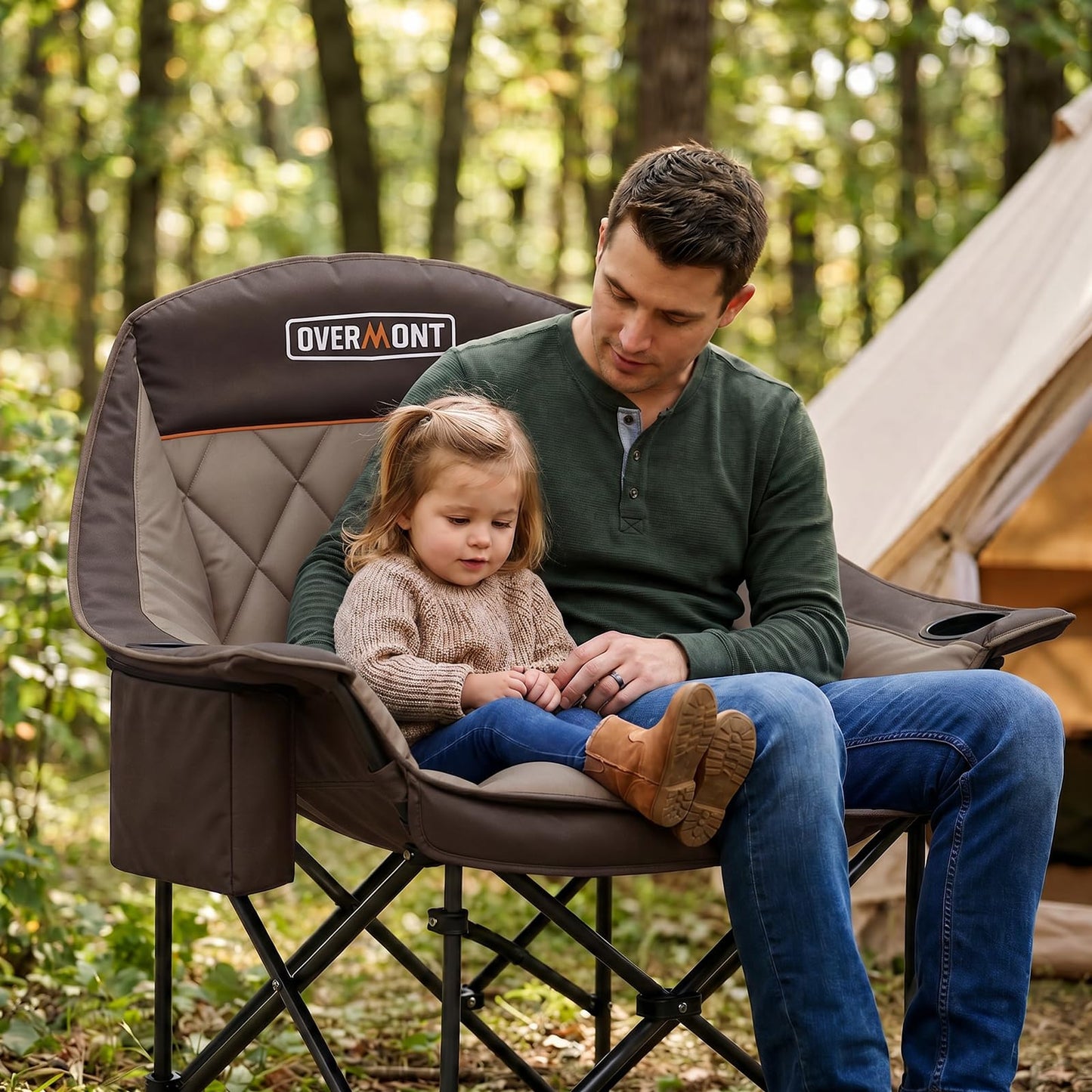Overmont Oversized XL Camping Chair for Adults - 500lbs Support Heavy-Duty Padded Folding Chair with Side Pocket Cup Holder Cooling Bag for Outdoor Sports Garden Beach Fishing Lawn Khaki