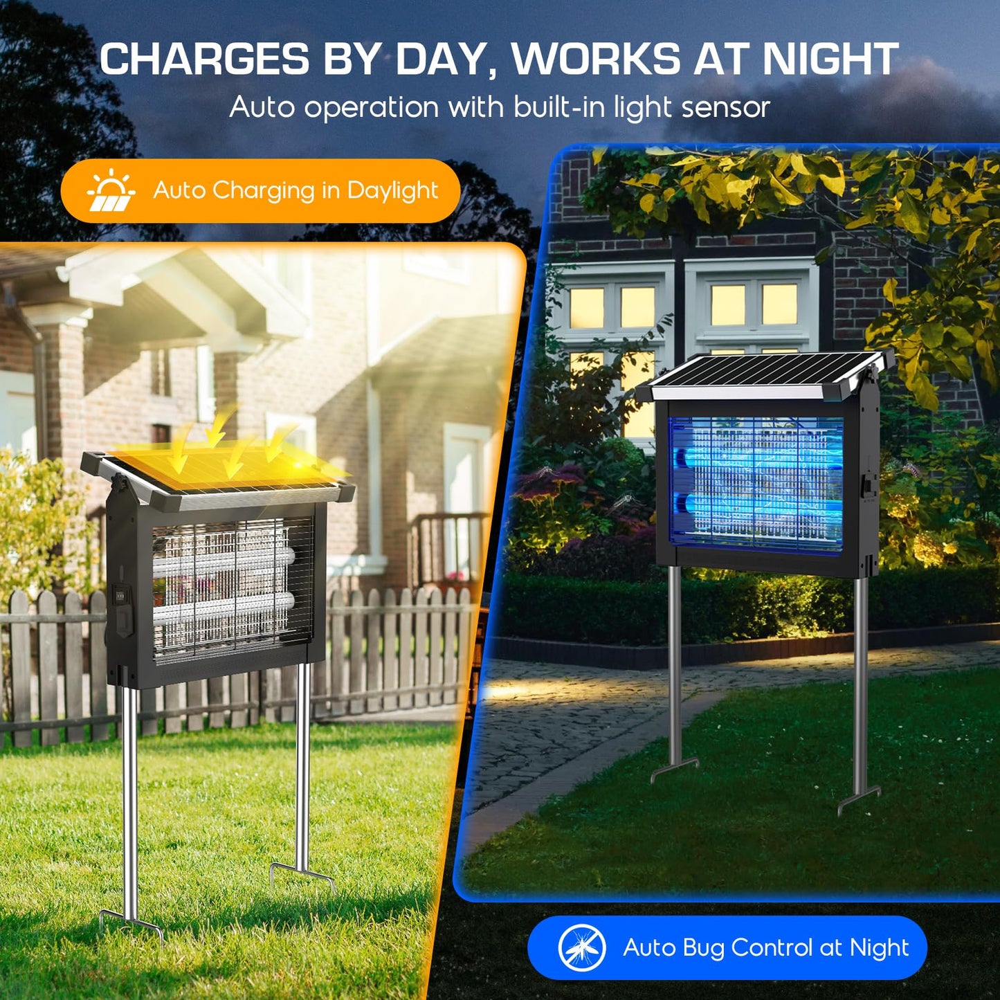 Solar Bug Zapper Outdoor Waterproof, 4500V High Power Cordless Mosquito Zapper with Smart Light Sensor, Dual Solar & USB Rechargeable Insect Killer for Patio, Garden, Backyard, Indoor & Outdoor Use