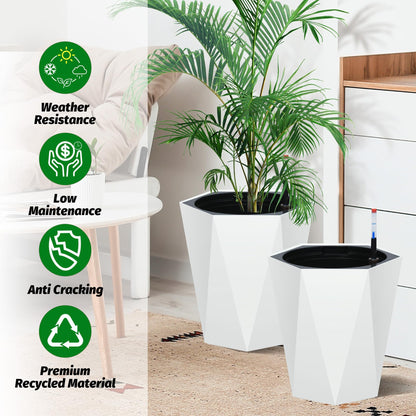 LuyFuitre Set of 2 Tall Planters for Outdoor Plants, 16 Inch Tall Planter Pots with Water Level Monitor, Wheels & Inner Bucket for Indoor Outdoor, White