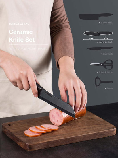 Kitchen Knife Set (6 Pieces), Ceramic Essential Knife Set with Block, Rust-Resistant Blade with Ergonomic Handle, Housewarming Gift, Black/White