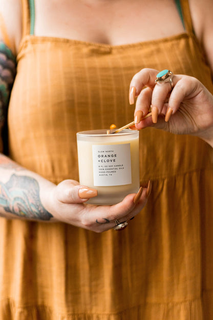 Slow North Orange + Clove Candle - Essential Oils and Pure Soy Wax Candle in a Reusable Frosted Glass Jar - A Unique and Mindful Scented Candle Hand-Poured in the USA (8 oz)