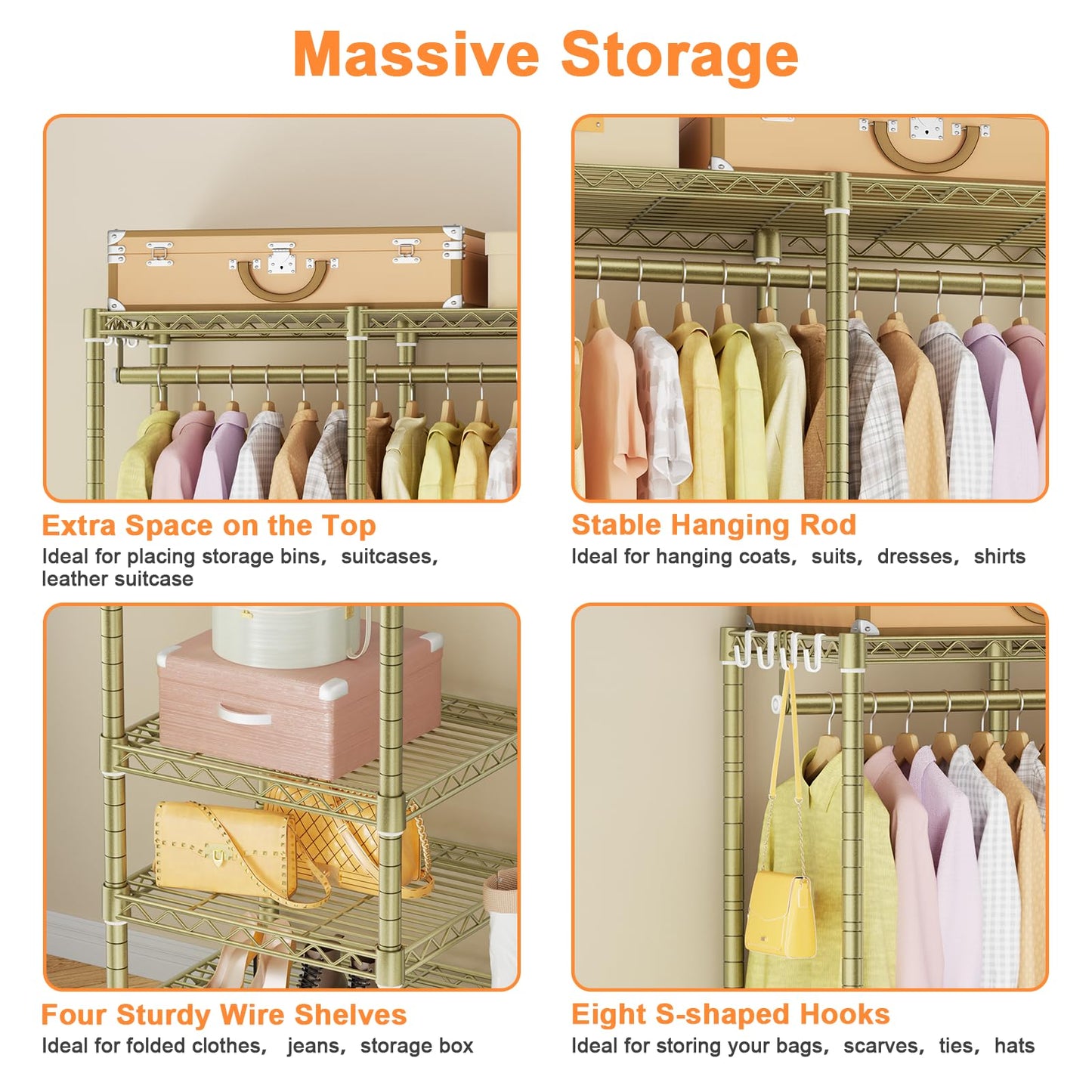 Ulif F4 Heavy Duty Clothes Rack (With Hanger Rod) Freestanding Clothing Racks for Hanging Clothes，Adjustable Closet Organizer System, Portable Garment Rack 45"W x 15.8"D x 71.3"H,Max Load 600LBS, Gold