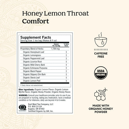Yogi Tea Honey Lemon Throat Comfort - 16 Bags per Pack (4 Packs) - Soothing Organic Honey Tea - Includes Lemongrass, Peppermint Leaf, Licorice Root, Wild Cherry Bark, Black Pepper & More