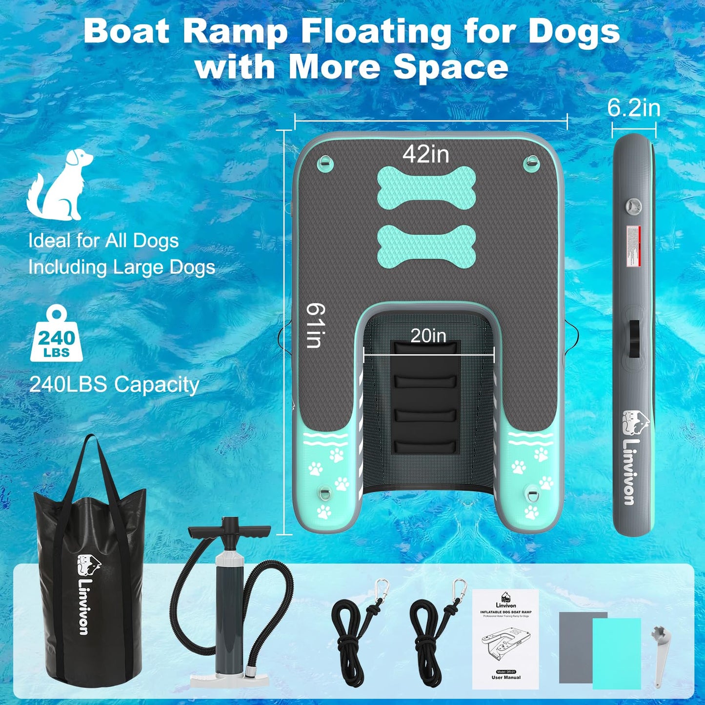 Linvivon Inflatable Dog Boat Ramp for Dogs Up to 240 lbs, Inflatable Dock Floating Platform with Anti-Slip EVA Foam Safe & Easy Water Access, Dog Ramp for Boat, Pools, Lakes, Boats, Docks, Green