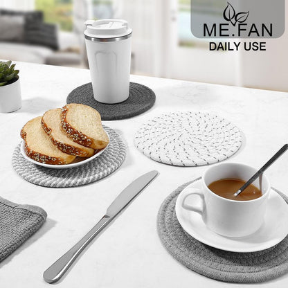 ME.FAN 8 Inch Trivets for Hot Dishs, 8 Set Cotton Thread Weave Trivets for Hot Pans, Potholders, Large Coasters, Hot Pads, Hot Mats to Protect Desktop & Countertop, Kitchen Essentials Grey