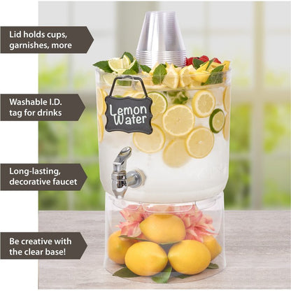 Buddeez Durable 2 Gallon Beverage Dispenser with Stand - Stackable Drink Server for Parties - Includes Party Top Lid and Chalk board Tag