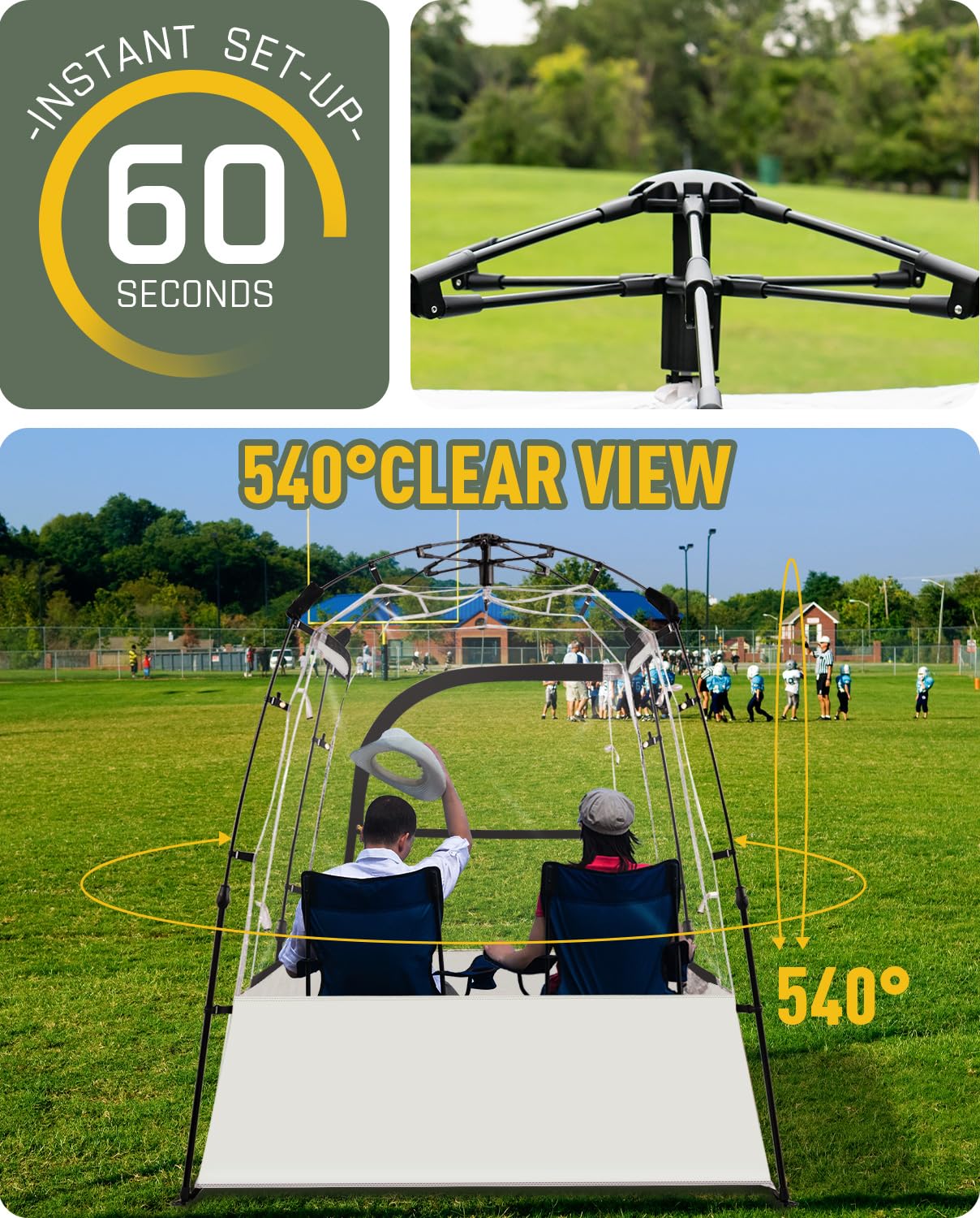 LANGWILL Pod All Weather Sports Tent, Outdoor Pop Up Bubble Clear 540° View Winter Tent for 1-2 Person, Instant Cold Weather Shelter with Rainfly for Soccer, Football, Softball & Other Sports Events