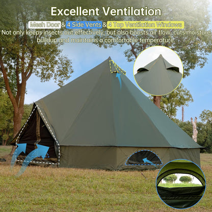 Bell Tent with Stove Jack, Spacious 16.4ft Family Glamping Yurt, 6-8 Person, 4 Season, Easy Setup, Waterproof, Ventilated Outdoor Shelter(16.4ft(Green))