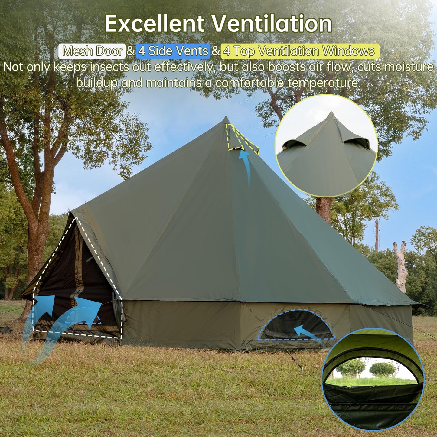 Bell Tent with Stove Jack, Spacious 16.4ft Family Glamping Yurt, 6-8 Person, 4 Season, Easy Setup, Waterproof, Ventilated Outdoor Shelter(16.4ft(Green))