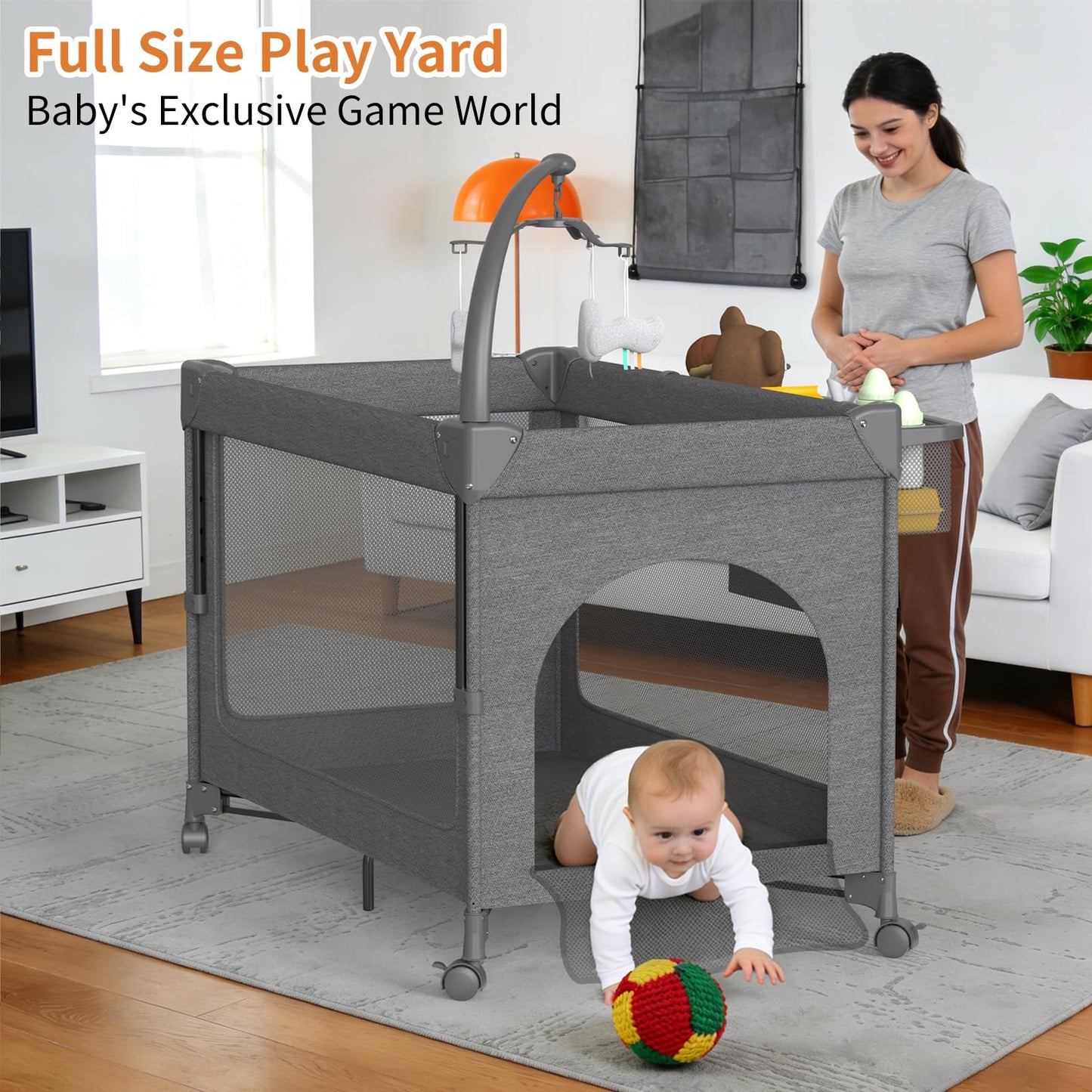 4 in 1 Baby Bassinet, Pack and Play with Mattress, Baby Crib with Wheels and Mosquito Net, Bedside Sleeper with Changing Pad, Portable Playpen Foldable Playard for Babies and Toddlers
