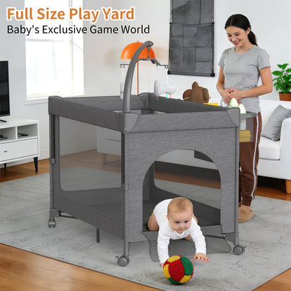 4 in 1 Baby Bassinet, Pack and Play with Mattress, Baby Crib with Wheels and Mosquito Net, Bedside Sleeper with Changing Pad, Portable Playpen Foldable Playard for Babies and Toddlers