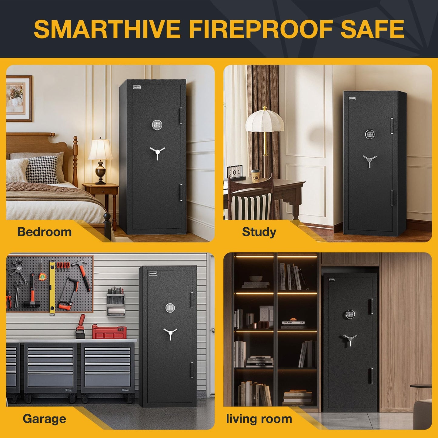 SMARTHIVE 40-Min Fireproof Gun Safe (1200°F) - Quick Access Rifle/Pistol Safe, Heavy-Duty Fire Resistant Gun Cabinet for Home Valuables (BLACK, 11.9cu.ft)