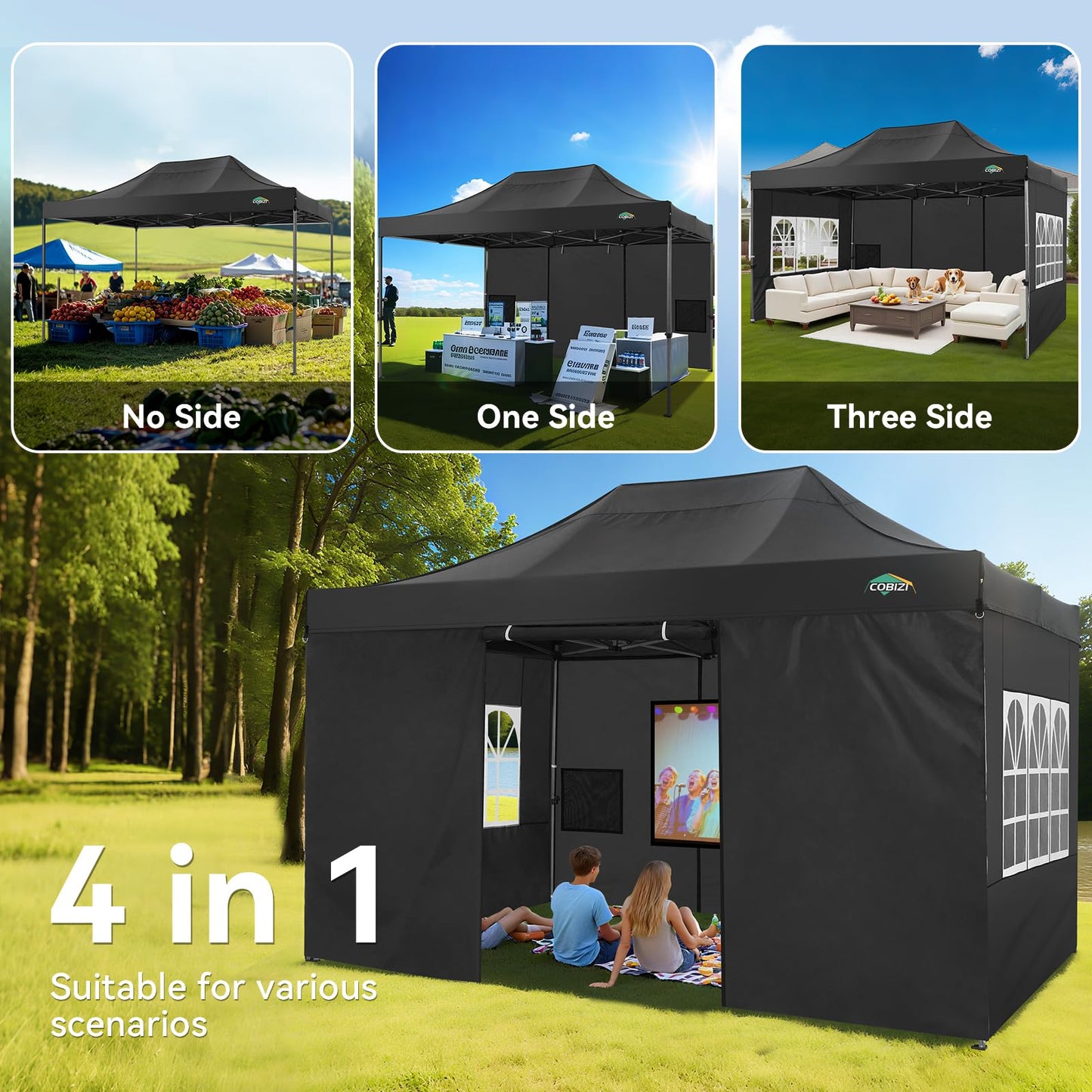 COBIZI 10x15 Heavy Duty Pop Up Canopy Tent with 4 Sidewalls Thicken Frame, Commercial Easy Up Outdoor Wedding Party Tents, All Season Waterproof Windproof with Stakes Sandbags Ropes Bag, Black