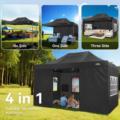 COBIZI 10x15 Heavy Duty Pop Up Canopy Tent with 4 Sidewalls Thicken Frame, Commercial Easy Up Outdoor Wedding Party Tents, All Season Waterproof Windproof with Stakes Sandbags Ropes Bag, Black