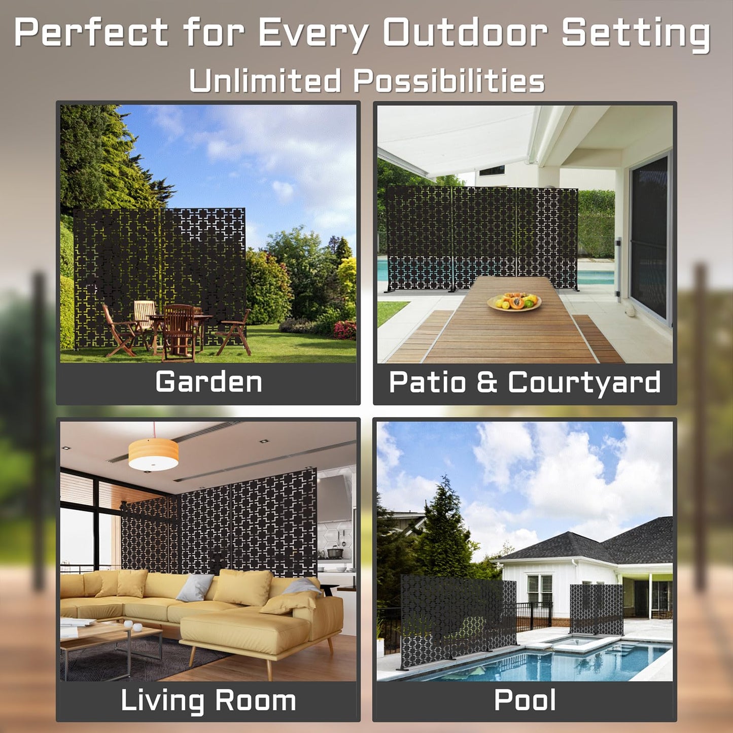 72" Metal Privacy Screen Freestanding Outdoor Room Divider Decorative Laser Cut Fence Panel, Weatherproof Patio Privacy Fence for Garden, Balcony, Backyard Landscape
