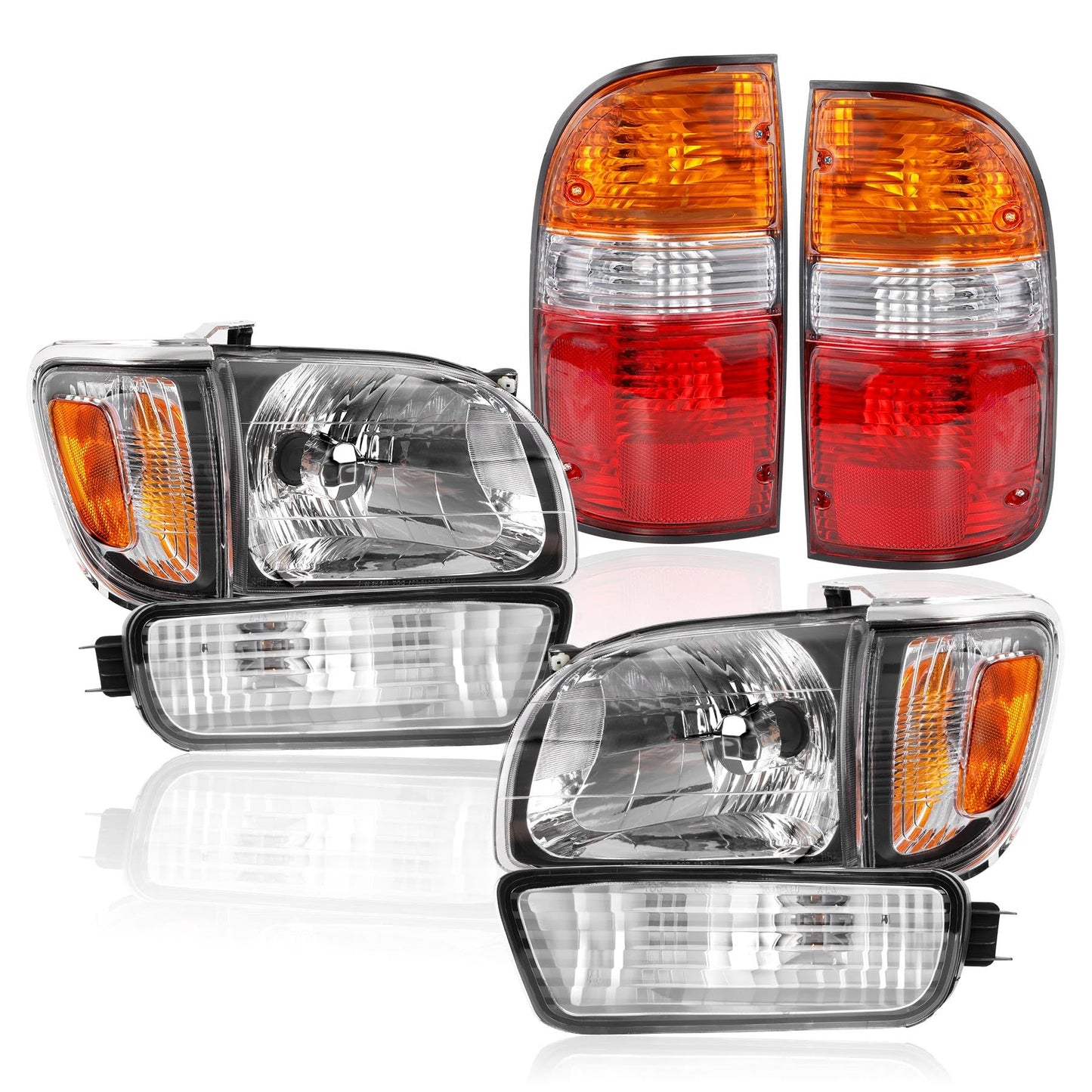 Headlight, Tail Light & Fog Light Assembly Compatible with 2001–2004 Toyota Tacoma, Driver & Passenger Side (Headlights w/o, Taillights w/Bulbs), Replaces 81150-04110, 81110-04110