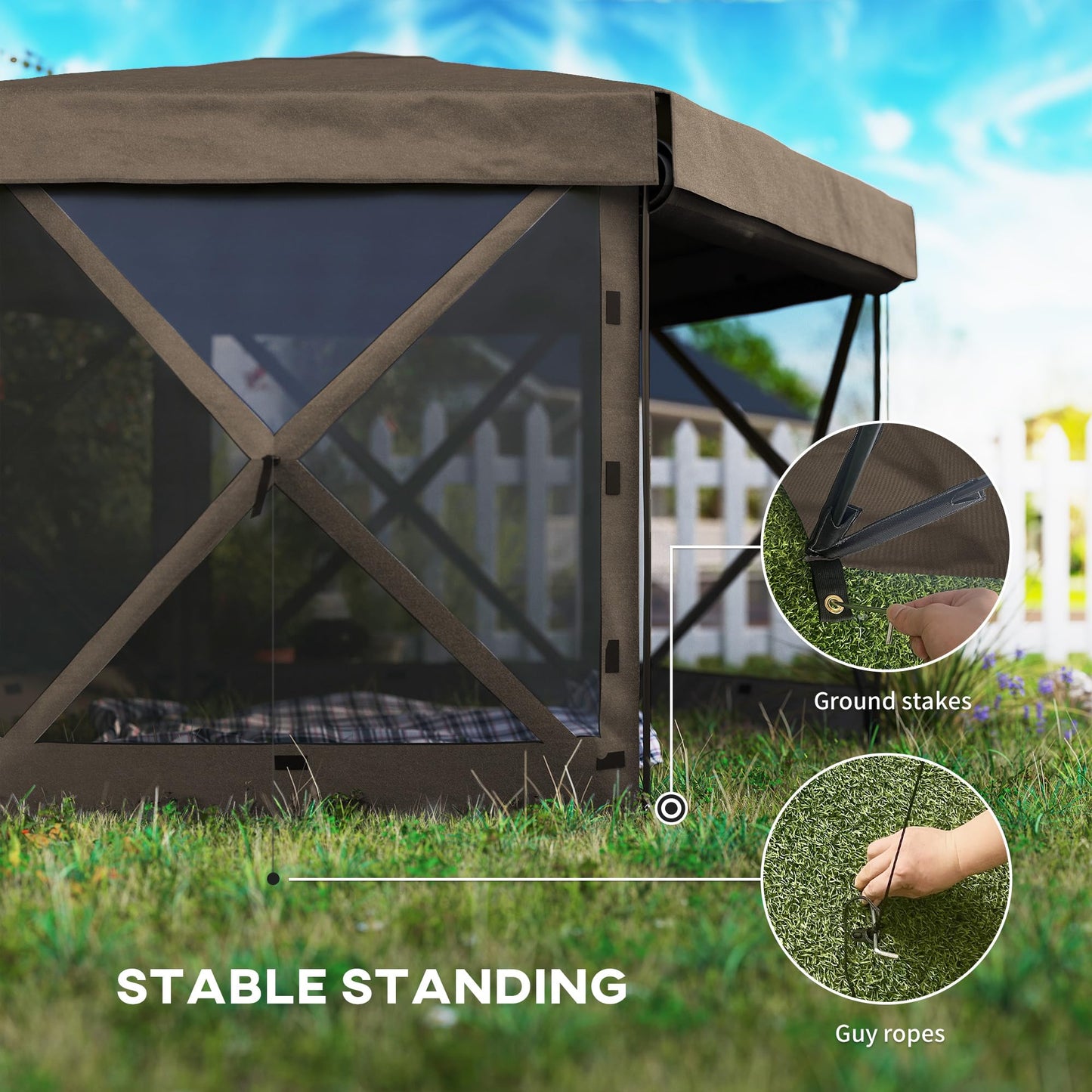 Outsunny 12' x 12' Hexagonal Pop Up Gazebo Tent with 5 Sidewalls, Waterproof Portable Outdoor Canopy Shelter with Curtains, Carry Bag, 5 Ropes, 11 Stakes for Camping, Garden, Patio, Brown