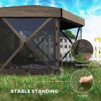 Outsunny 12' x 12' Hexagonal Pop Up Gazebo Tent with 5 Sidewalls, Waterproof Portable Outdoor Canopy Shelter with Curtains, Carry Bag, 5 Ropes, 11 Stakes for Camping, Garden, Patio, Brown