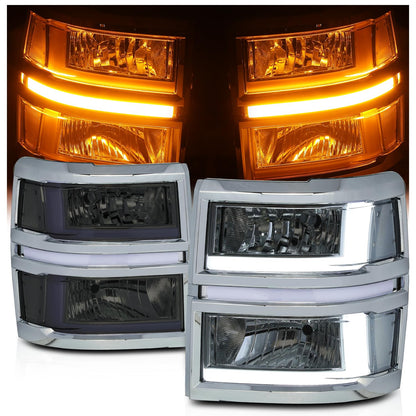 M-AUTO OE Style LED Light Bar DRL Headlamps Assembly Compatible with 14-15 Chevy Silverado 1500, Chrome Housing Smoke Lens Clear Corner Left and Right Pair Headlamps Assembly