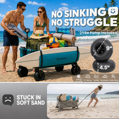 FUNDANGO Heavy Duty Beach Wagon with 9" Big Sand-Proof Wheels, 300L Large Beach Wagons with Balloon Wheel, Folding Collapsible All Terrian Cart with Side Pockets for Sports, Camping, Pump Included