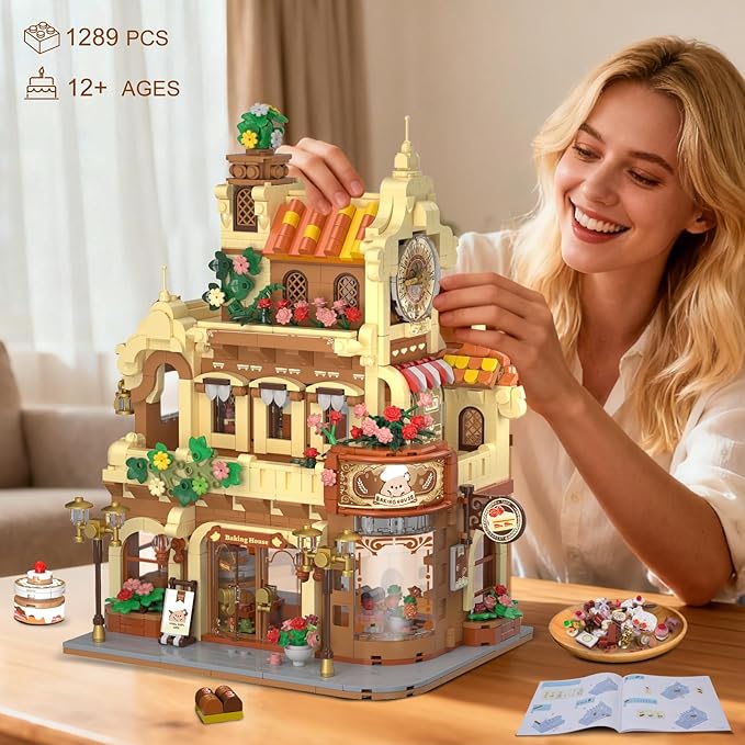 Flower Bakery Coffee House Building Set with Lights City Cafe Baking House Display Model Toy 1289 PCS Modular Construction Building Blocks Kit Home Decor Gift for Adults Teens Girls 12+