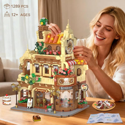 Flower Bakery Coffee House Building Set with Lights City Cafe Baking House Display Model Toy 1289 PCS Modular Construction Building Blocks Kit Home Decor Gift for Adults Teens Girls 12+