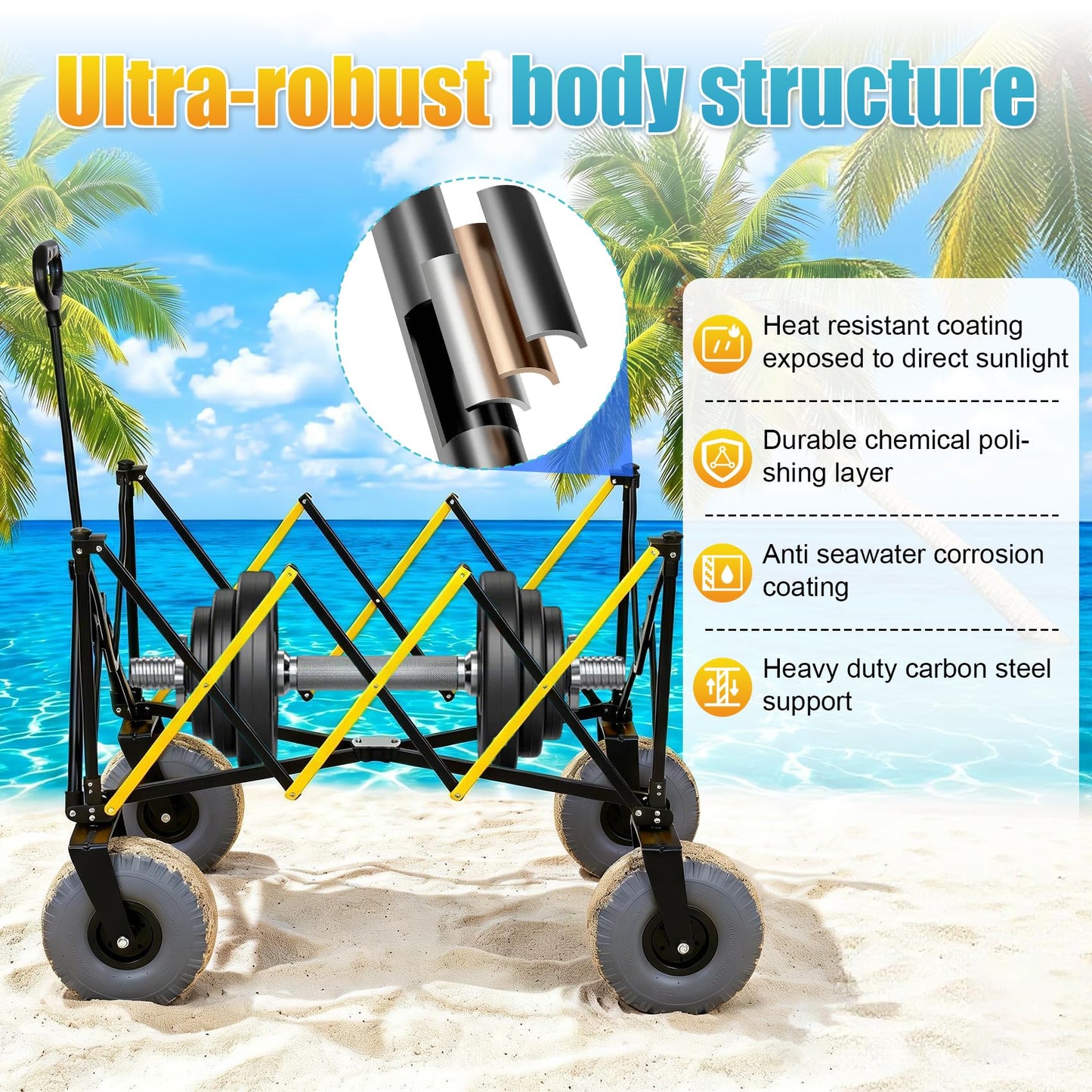 Beach Wagon with Big Wheels for Sand, Heavy Duty 350lbs Folding Beach Wagon with 10.5" All-Terrain Inflatable Wheels, Utility Cart for Camping, Outdoor Shopping, Garden & Sports, Includes Air Pump