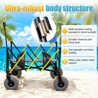 Beach Wagon with Big Wheels for Sand, Heavy Duty 350lbs Folding Beach Wagon with 10.5" All-Terrain Inflatable Wheels, Utility Cart for Camping, Outdoor Shopping, Garden & Sports, Includes Air Pump