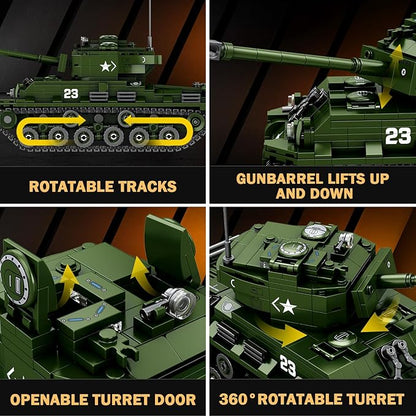 Reobrix M4A3E8 Sherman Tank Building SetWW2 Military American Armed Tanks Building Block Set for Military FansWorld of Tanks Authorized Products 77030Ideal Gift for Adults Boys Age 14+836 PCS
