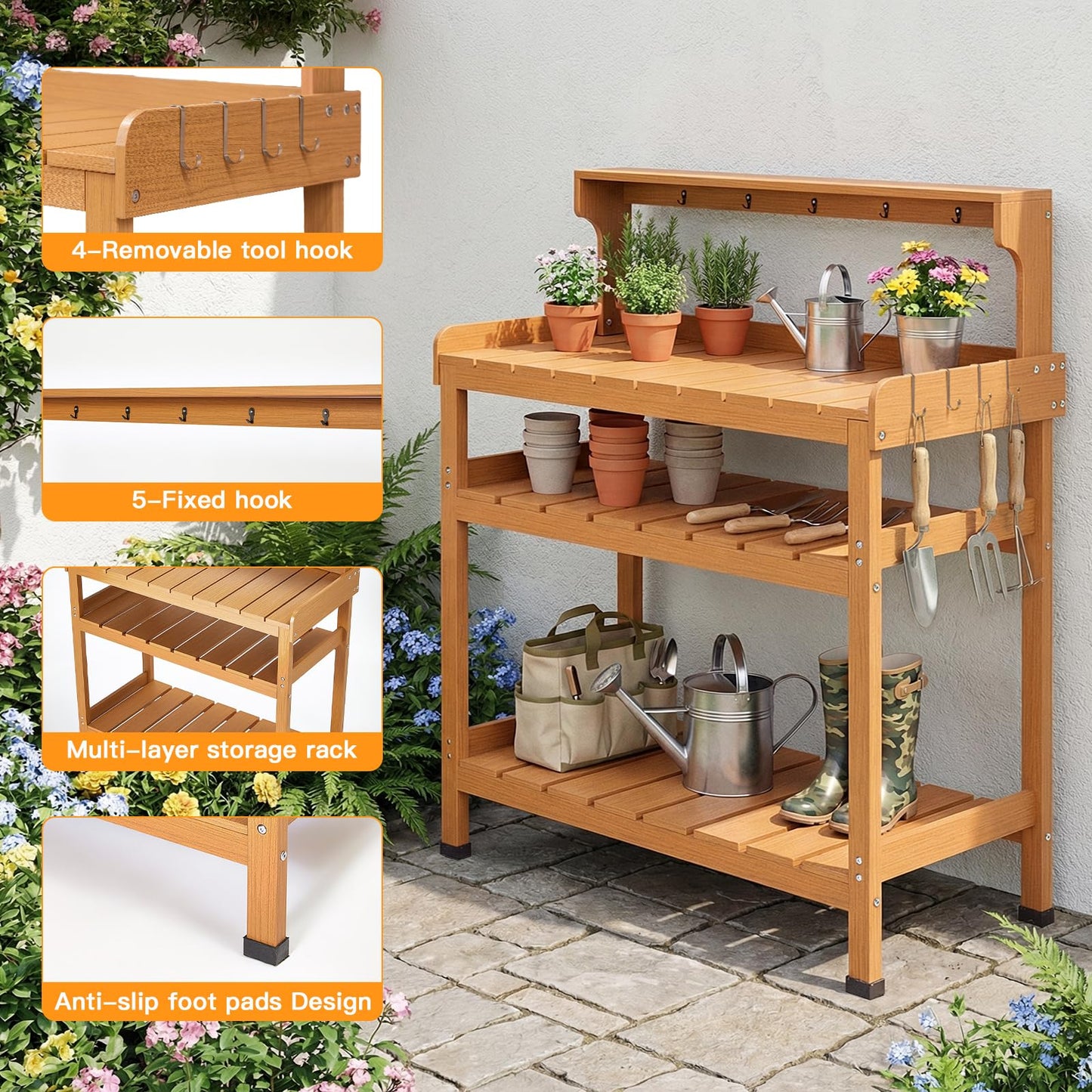 Frogprin Potting Bench Table, Extra-Large Outdoor Garden Potting Bench (HDPS) with 9 Hooks, All-Weather Garden Table Work Station, No Rust, No Fade, No Break (Teak, 35.6''X16.5''X45.5'')