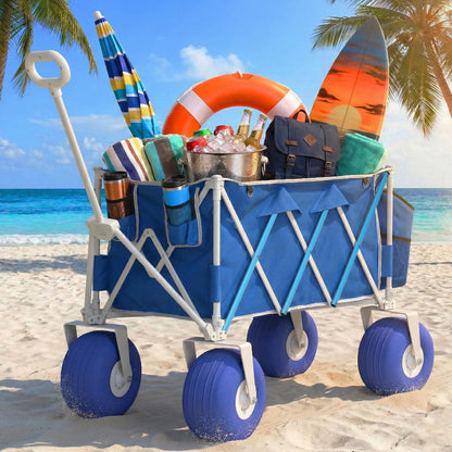 Beach Wagon with Big Wheels for Sand, Heavy Duty 350lbs Folding Beach Wagon with 10.5" All-Terrain Inflatable Wheels, Utility Cart for Camping, Outdoor Shopping, Garden & Sports, Includes Air Pump