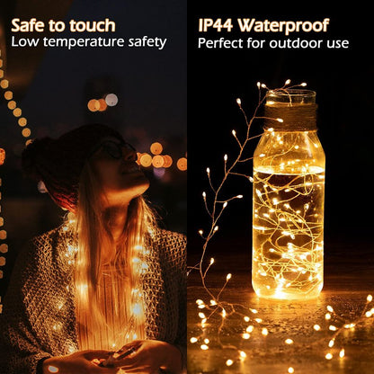 Minetom Fairy Lights Plug in, 10Feet 200LED Cluster String Lights, Copper Wire Waterproof Starry Firecracker Lights for Ceiling Bedroom Wreath Window Wedding Christmas Tree Decorations, Warm White