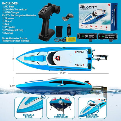 Force1 Velocity Blue Fast RC Boat- Remote Control Boats for Adults and Kids Underwater Speed Racing Mini RC Boats for Pools and Lakes 2.4GHZ Transmitter 2 Rechargeable Batteries Low Battery Alert