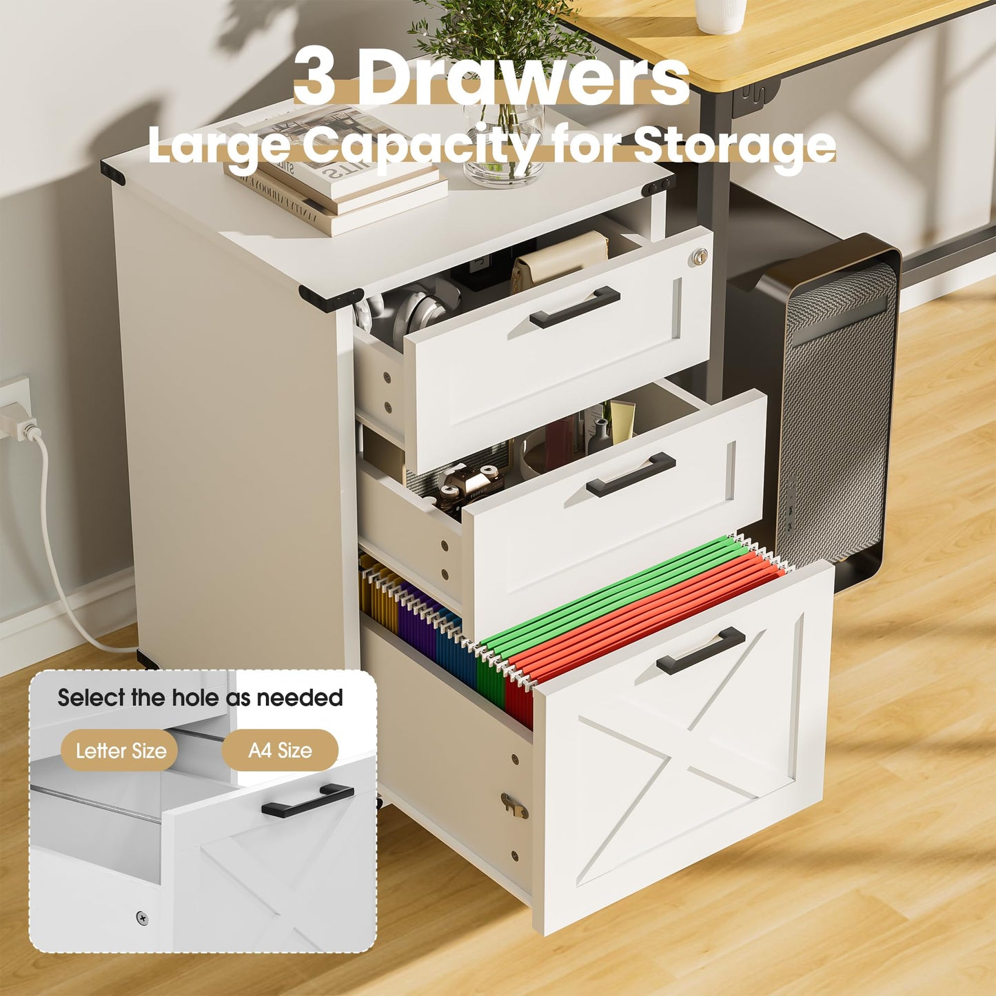 Onelike Small Wood File Cabinet with Lock, Nightstand with Charging Station, 3 Drawer Under Desk Lateral Filing Cabinets for Home Office, Printer Stand with Storage, White
