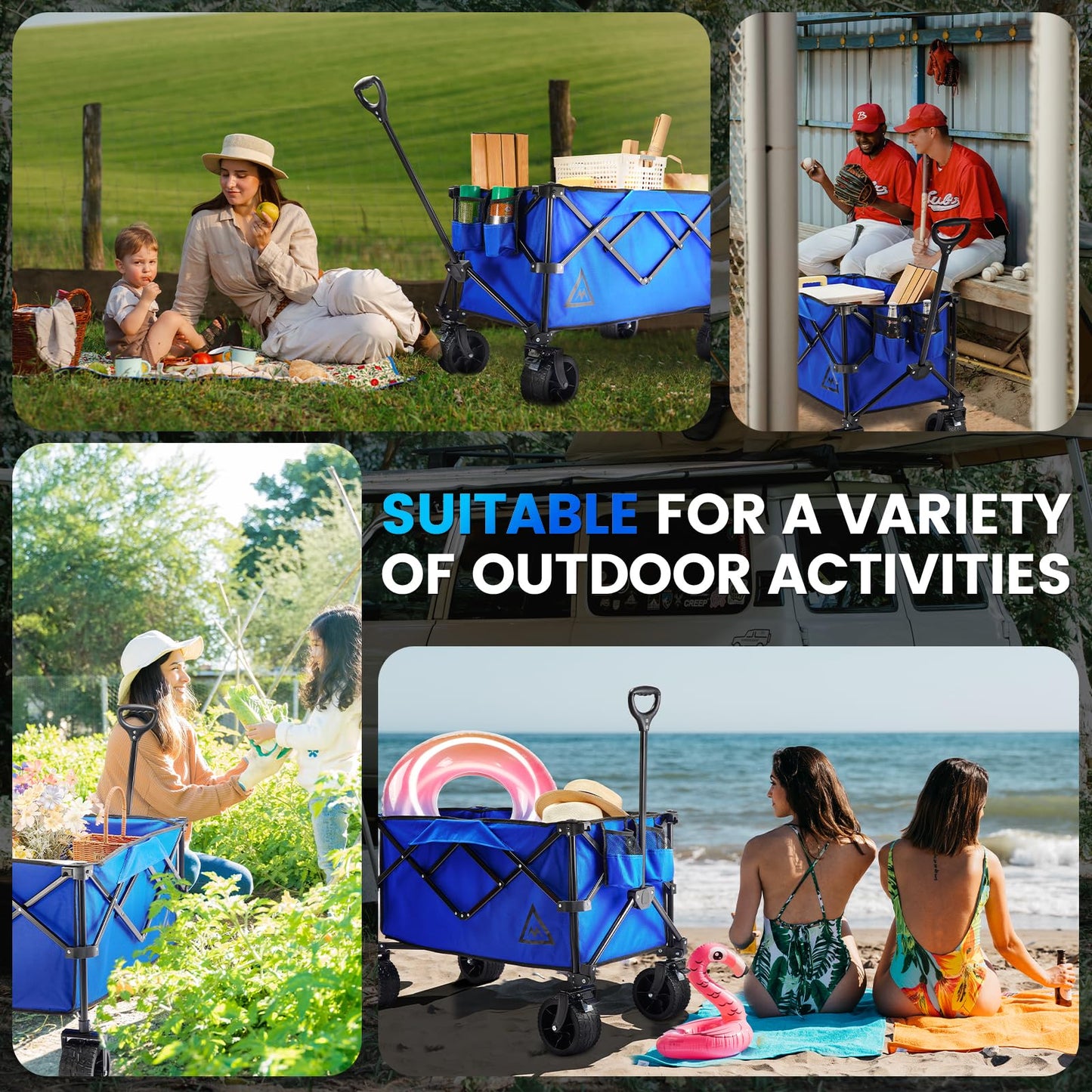Wagon Cart Shopping Cart Large Capacity Collapsible Wagon with Wheels On Beach Garden Outdoor Utility Carts for Grocery All Terrain Portable Wagons Carts for Groceries Sand Camping Sports Blue